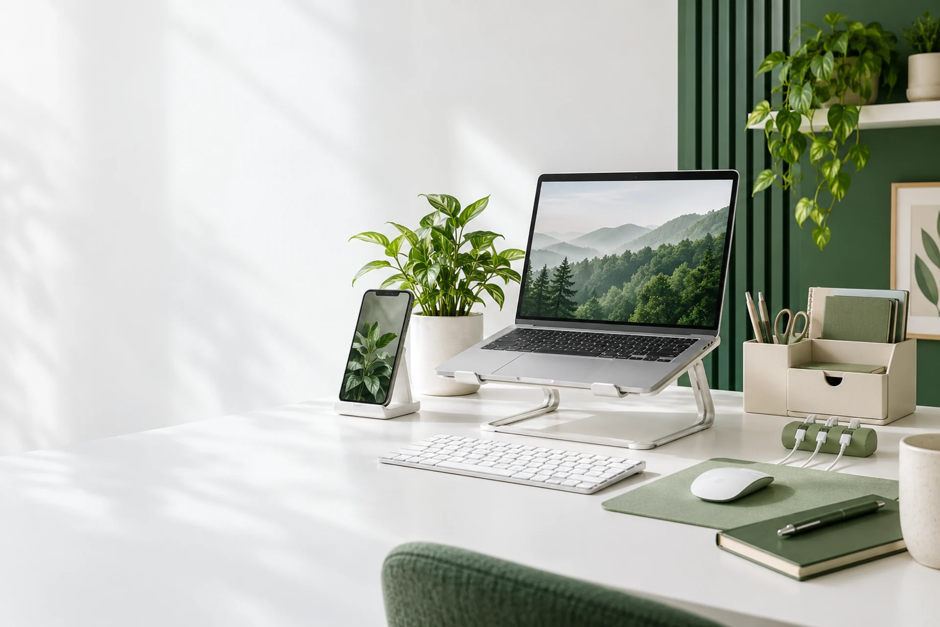 Un birou luminos cu accesorii practice, suport de laptop și organizatoare